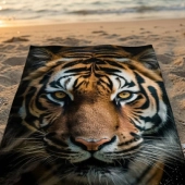 Serviette de plage Tigre sur fond noir 100x180 cm, grand format, 100% coton - Drap de Bain léger, absorbant et doux