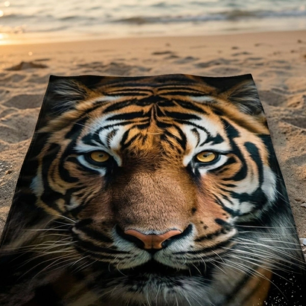Serviette de plage Tigre sur fond noir 100x180 cm, grand format, 100% coton - Drap de Bain léger, absorbant et doux