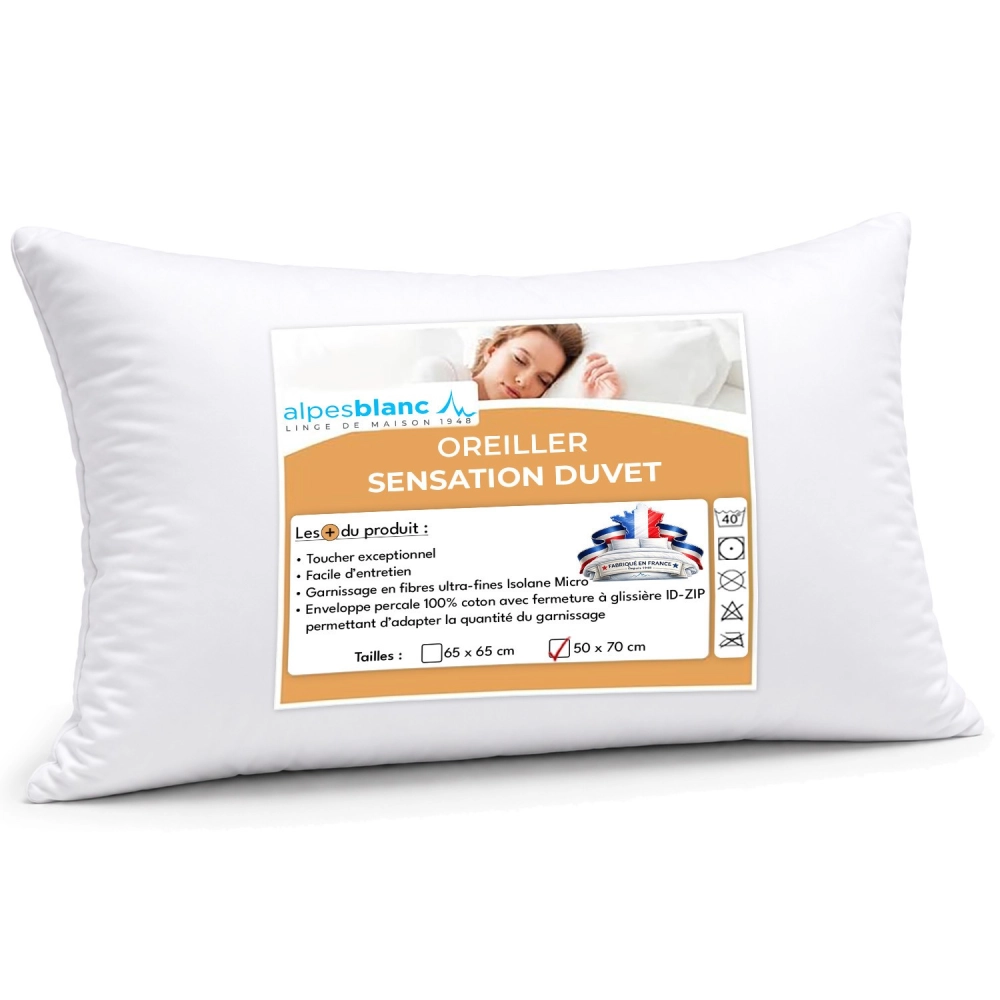 Oreiller Sensation Duvet Moelleux et Gonflant, Confort Hôtel – Enveloppe 100% Coton – Fabrication Française – Lavable – 50x70 cm