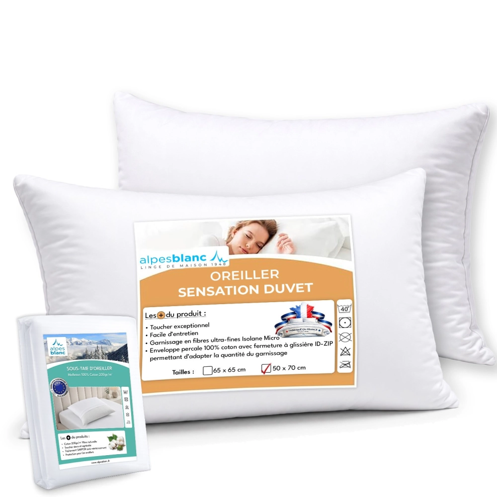 Pack 4 pièces : 2 oreillers Sensation Duvet + 2 sous-taies coton – Fabrication française – Confort et douceur – Lavables