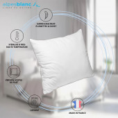 Infographie caractéristiques oreiller Valan double couches en plumes et duvet, Fabrication française