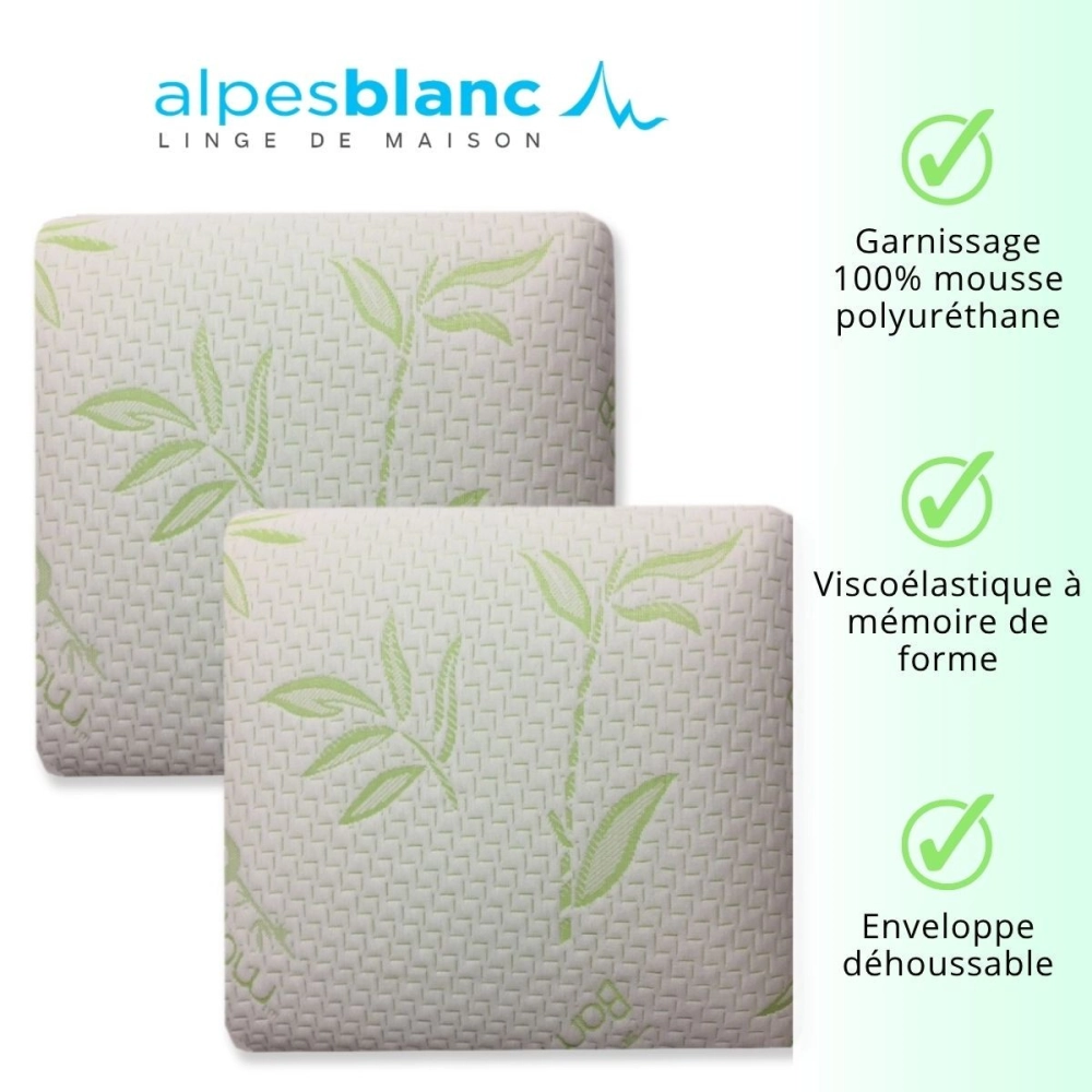 Lot de 2 oreillers carrés 60x60 cm mémoire de forme Visco - Soutien cervical, anti-allergique, confort durable et réparateur