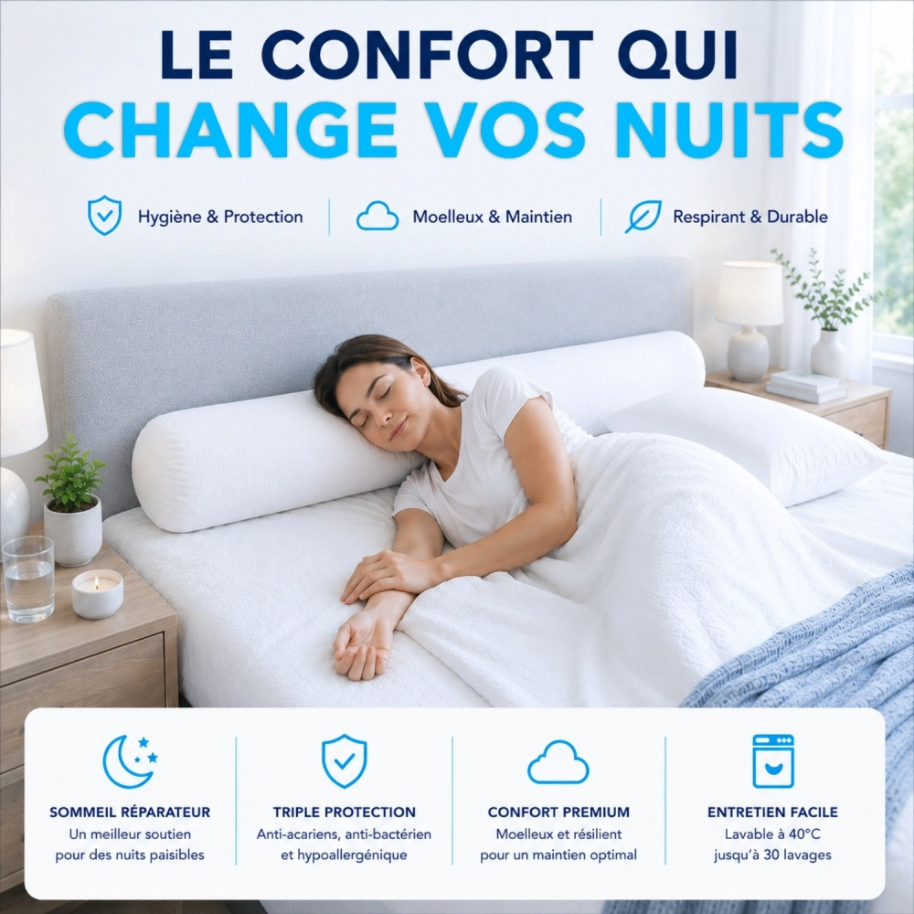 Traversin 90 cm - Anti-Acariens et Anti-Bactérien - Enveloppe 100% Coton - Lavable - Confort Moelleux - Fabrication Française