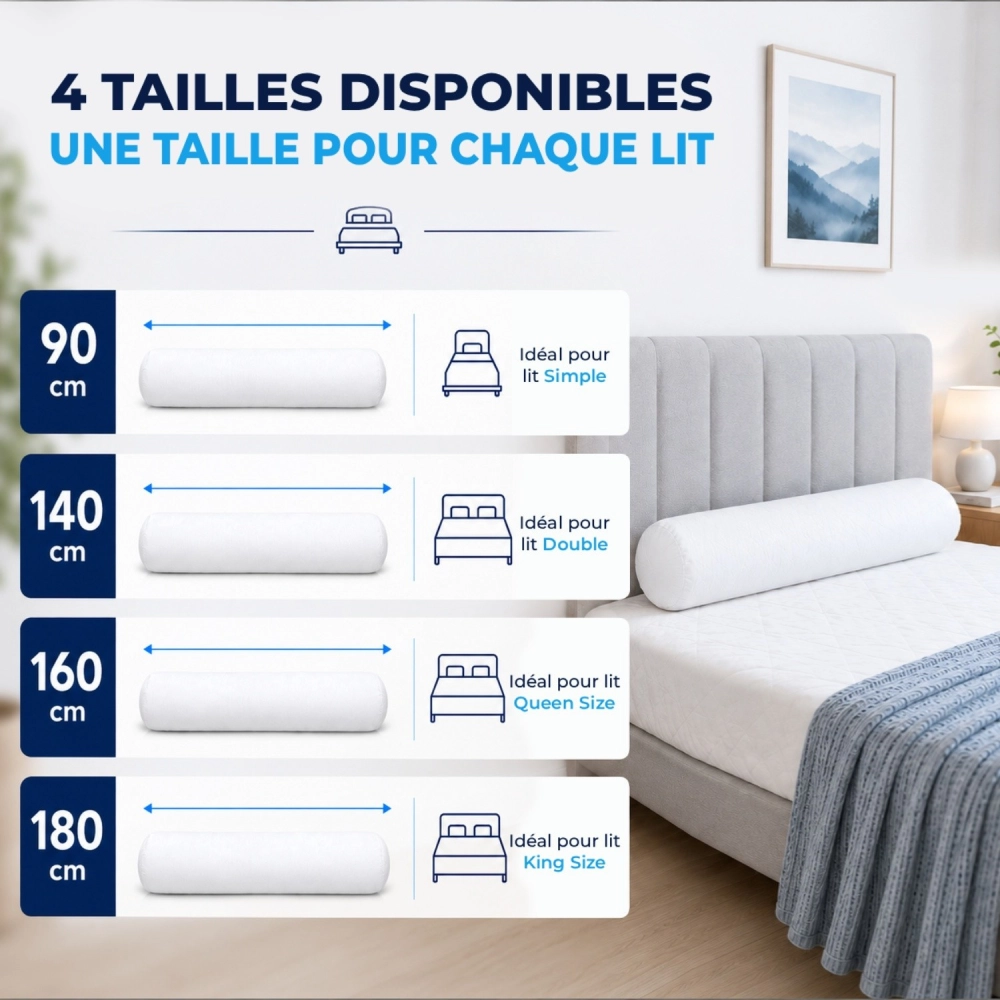 Traversin 90 cm - Anti-Acariens et Anti-Bactérien - Enveloppe 100% Coton - Lavable - Confort Moelleux - Fabrication Française