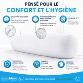 Traversin 180 cm - Anti-Acariens et Anti-Bactérien - Enveloppe 100% Coton - Lavable - Confort Moelleux - Fabrication Française