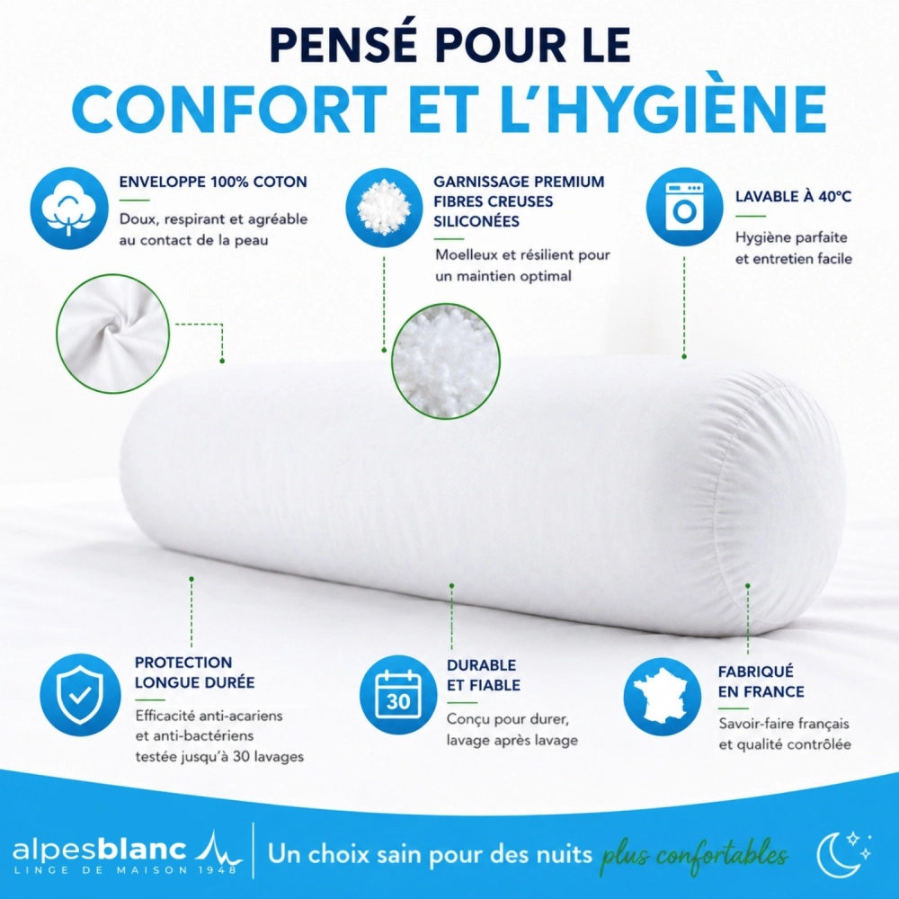 Traversin 180 cm - Anti-Acariens et Anti-Bactérien - Enveloppe 100% Coton - Lavable - Confort Moelleux - Fabrication Française