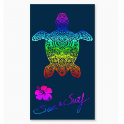 Serviette de plage XXL 140x200 cm bleu marine en coton égyptien Jacquard avec motif tortue multicolore.