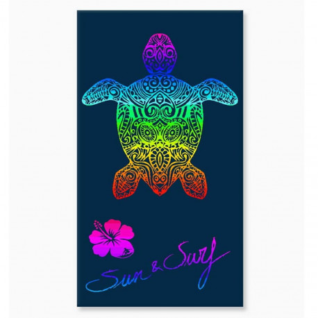Serviette de plage XXL 140x200 cm bleu marine en coton égyptien Jacquard avec motif tortue multicolore.