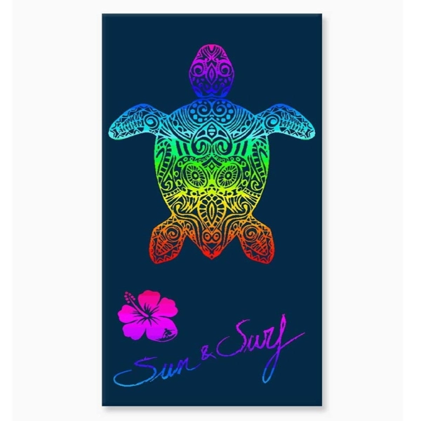 Serviette de plage XXL 140x200 cm bleu marine en coton égyptien Jacquard avec motif tortue multicolore.