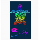 Serviette de plage XXL 140x200 cm bleu marine en coton égyptien Jacquard avec motif tortue multicolore.