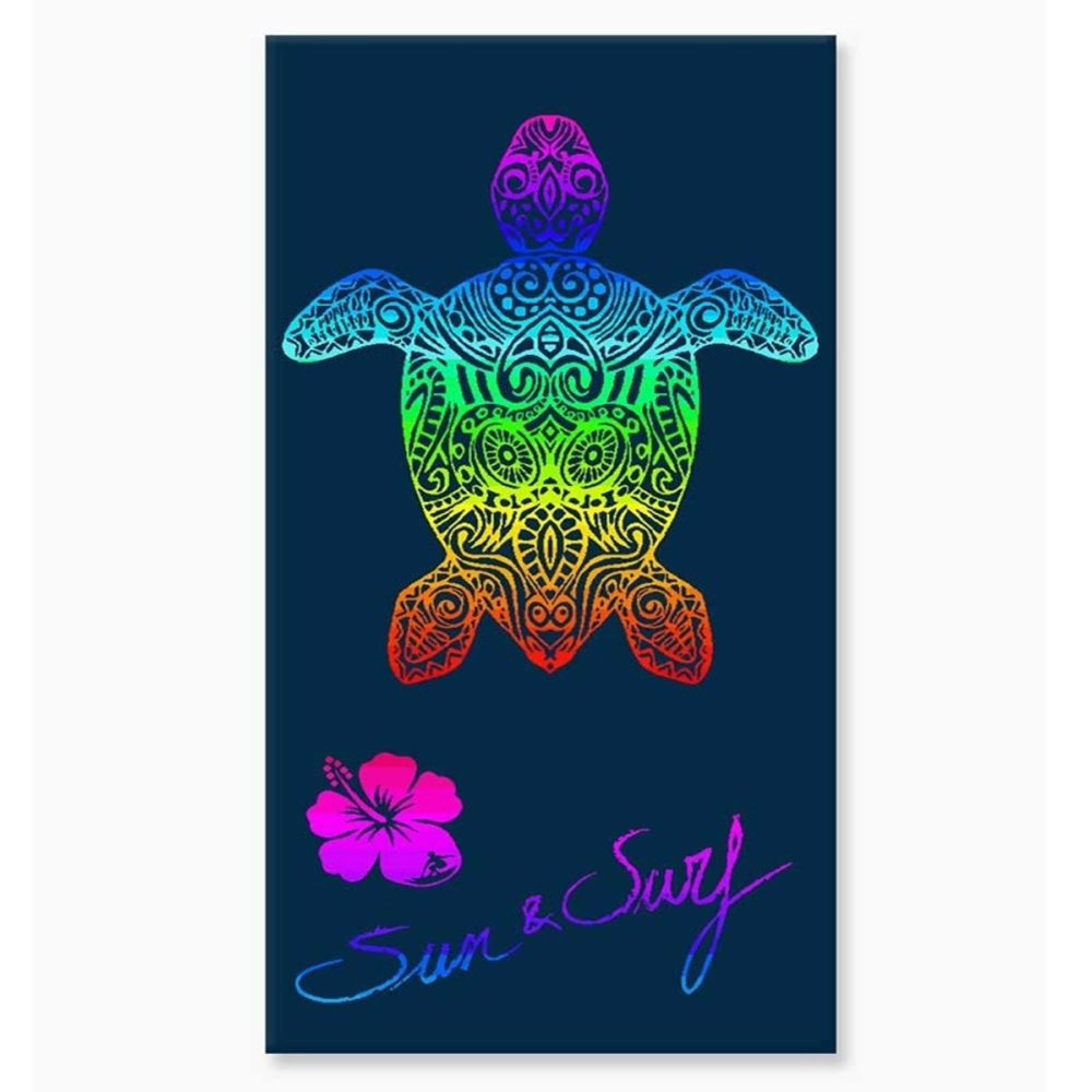 Serviette de plage Tortue multicolore sur fond bleu 140x200 cm en Coton Égyptien Jacquard – Drap de plage XXL