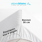 Drap housse 100% Percale de coton 80 fils/cm², élastiqué aux 4 coins, grand bonnet 30 cm, blanc