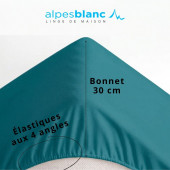Drap housse 100% Percale de coton 80 fils/cm², élastiqué aux 4 coins, grand bonnet 30 cm, bleu canard
