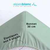 Drap housse 100% Percale de coton 80 fils/cm², élastiqué aux 4 coins, grand bonnet 30 cm, céladon