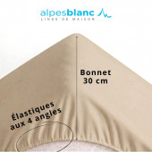 Drap housse 100% Percale de coton 80 fils/cm², élastiqué aux 4 coins, grand bonnet 30 cm, Naturel