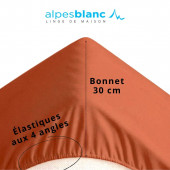 Drap housse 100% Percale de coton 80 fils/cm², élastiqué aux 4 coins, grand bonnet 30 cm, terracotta