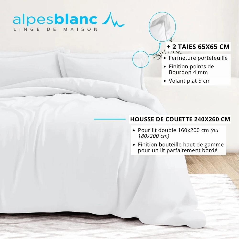 Housse de couette unie 100% percale de coton 80 fils + Taie(s) 65x65 cm – Fabriquée en Europe – Doux et respirant - Oeko-Tex®