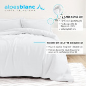 Infographie housse de couette unie 100% percale  de coton 240x280 cm + 2 taies 65x65 cm pour lit de 180x200.