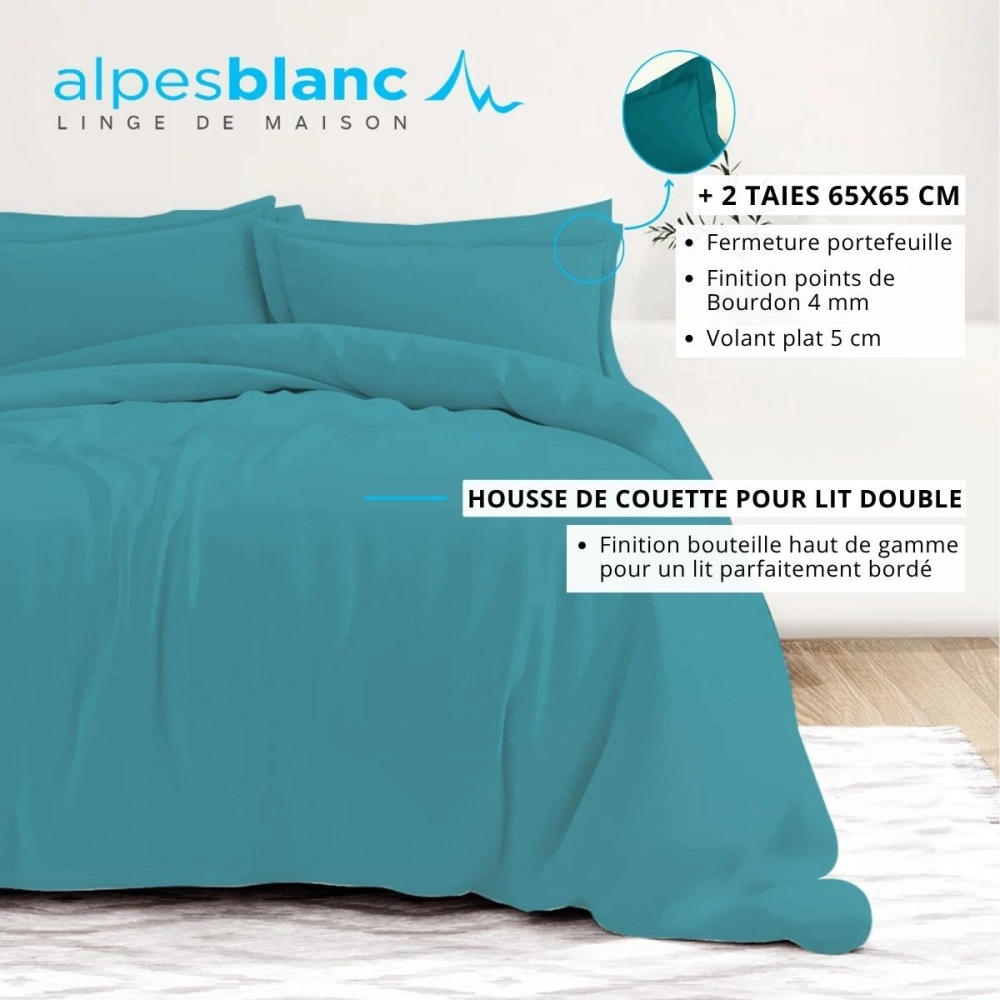 Housse de couette unie 100% percale de coton 80 fils + Taie(s) 65x65 cm – Fabriquée en Europe – Doux et respirant - Oeko-Tex®