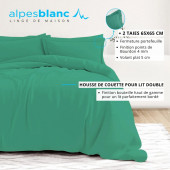 Infographie housse de couette céladon100% percale  de coton + 2 taies 65x65 cm pour lit double