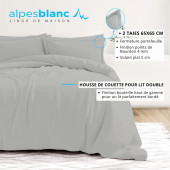 Infographie housse de couette gris clair 100% percale  de coton + 2 taies 65x65 cm pour lit double