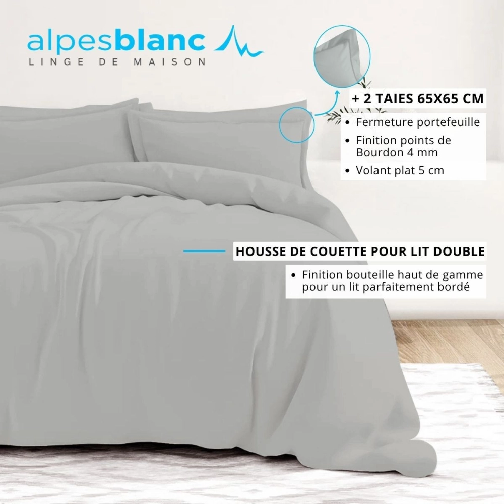 Housse de couette unie 100% percale de coton 80 fils + Taie(s) 65x65 cm – Fabriquée en Europe – Doux et respirant - Oeko-Tex®