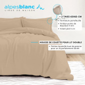 Infographie housse de couette mastic 100% percale  de coton + 2 taies 65x65 cm pour lit double