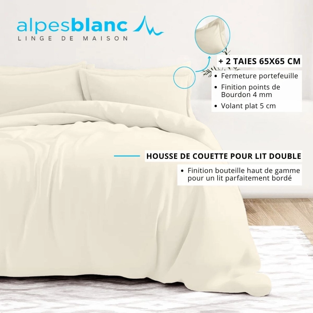 Housse de couette unie 100% percale de coton 80 fils + Taie(s) 65x65 cm – Fabriquée en Europe – Doux et respirant - Oeko-Tex®