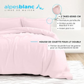 Infographie housse de couette rose poudré 100% percale  de coton + 2 taies 65x65 cm pour lit double