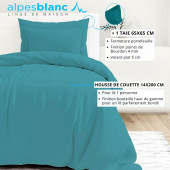 Infographie housse de couette bleu canard 100% percale  de coton 140x200 cm + 1 taie 65x65 cm pour lit de 90x190