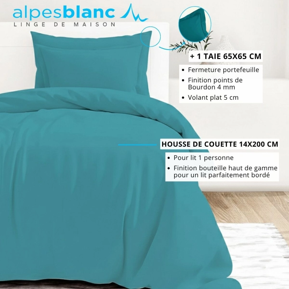 Housse de couette unie 100% percale de coton 80 fils + Taie(s) 65x65 cm – Fabriquée en Europe – Doux et respirant - Oeko-Tex®