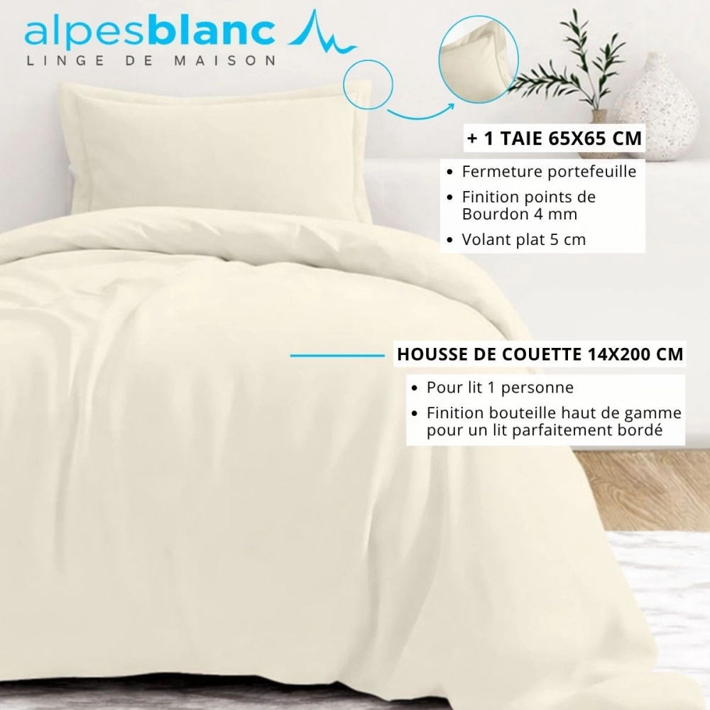 Housse de couette unie 100% percale de coton 80 fils + Taie(s) 65x65 cm – Fabriquée en Europe – Doux et respirant - Oeko-Tex®