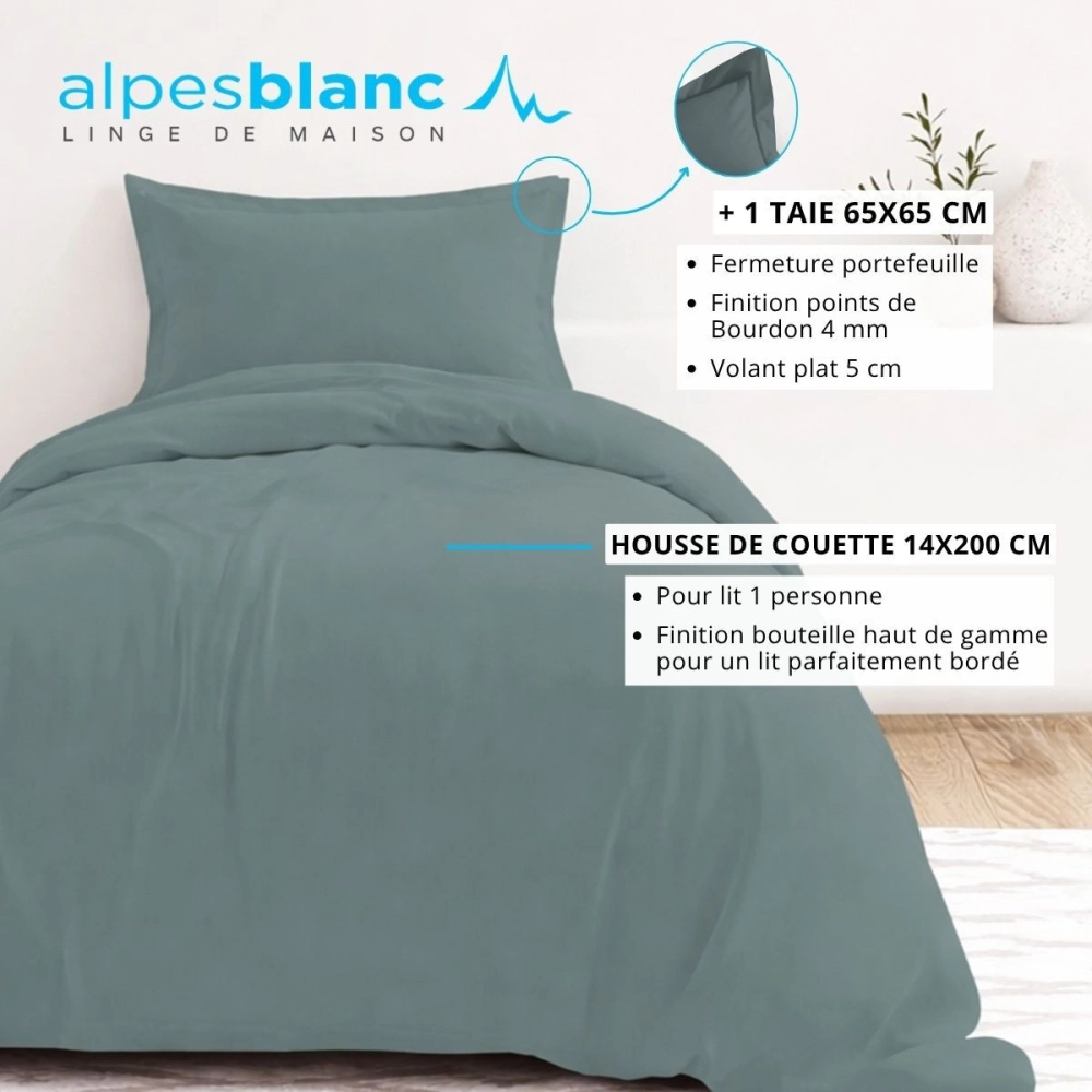 Housse de couette unie 100% percale de coton 80 fils + Taie(s) 65x65 cm – Fabriquée en Europe – Doux et respirant - Oeko-Tex®
