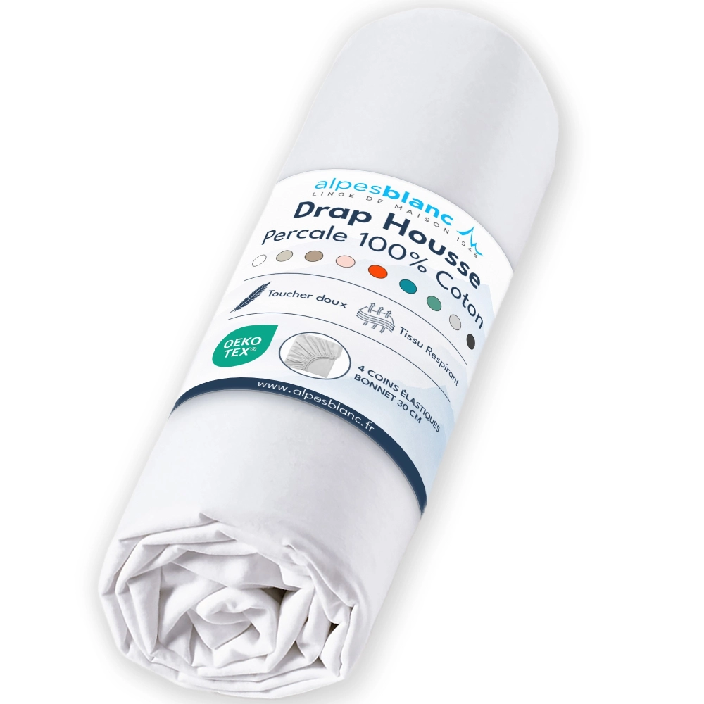 Drap housse 100% Percale de coton 80 fils/cm² - Grand bonnet 30 cm – Fabrication Européenne – Doux, résistant – Oeko-Tex®