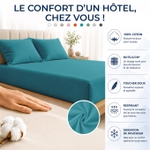 Drap housse 100% Percale de coton 80 fils/cm² - Grand bonnet 30 cm – Fabrication Européenne – Doux, résistant – Oeko-Tex®
