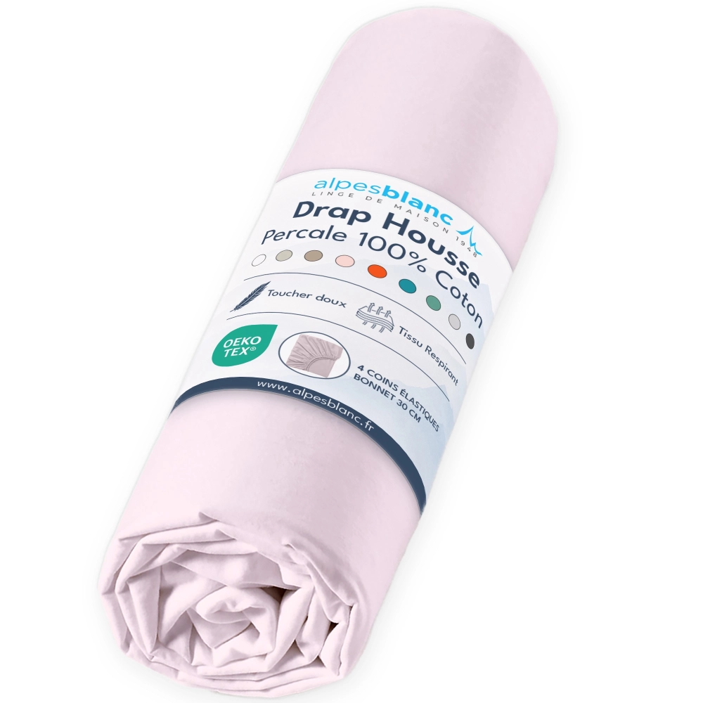 Drap housse 100% Percale de coton 80 fils/cm² - Grand bonnet 30 cm – Fabrication Européenne – Doux, résistant – Oeko-Tex®