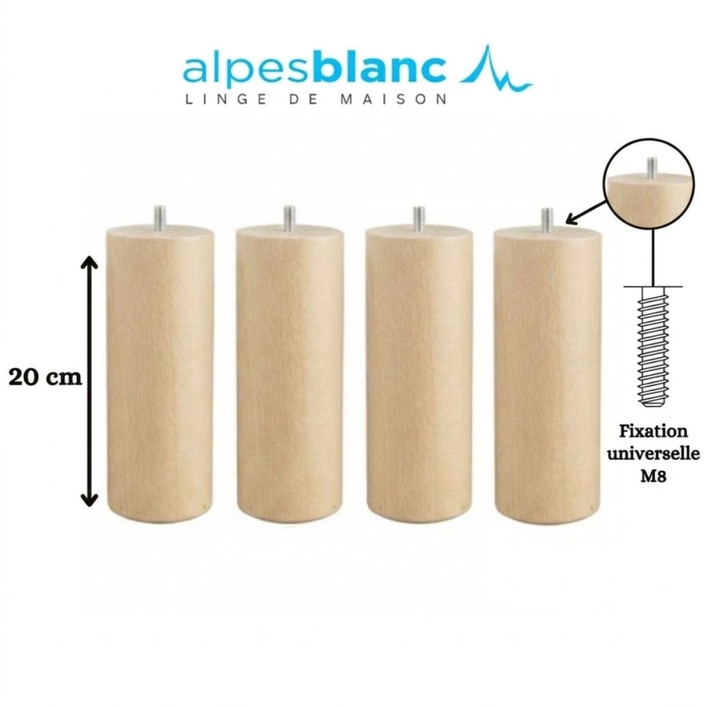 Lot de 4 pieds de lit cylindriques en bois 20 cm de hauteur – Filetage 8 mm