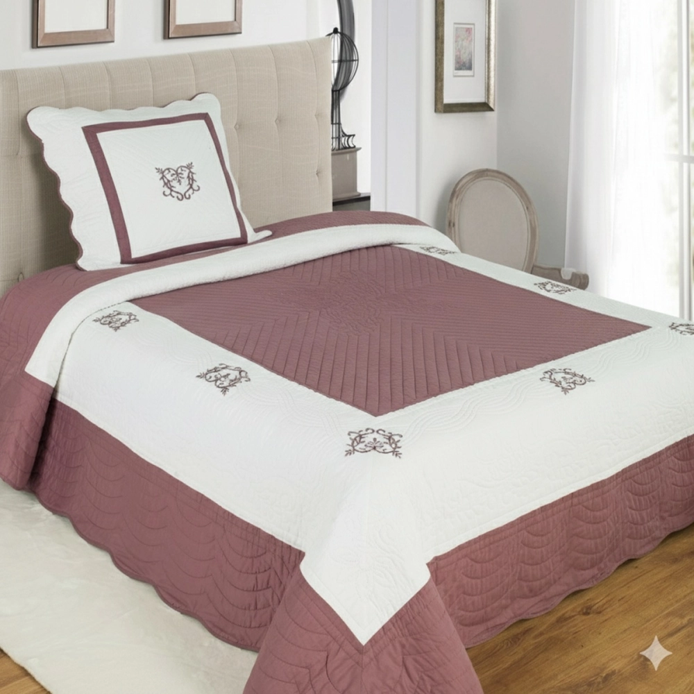 Couvre lit boutis Peaceland 100% coton + taie(s) carrée(s) assortie(s) – Brodé, léger et doux – Bicolore