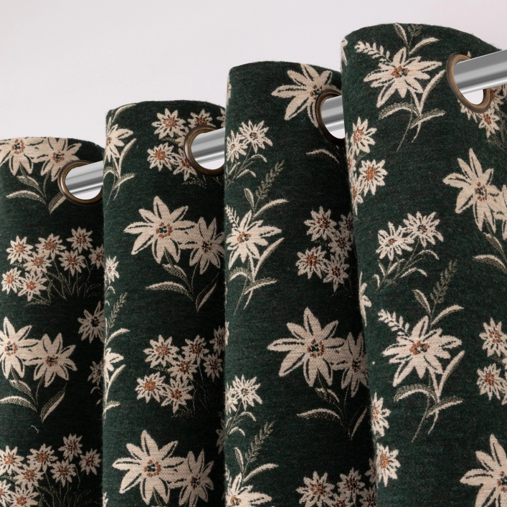 Rideau thermique vert sapin motif Edelweiss 140x250 cm - Rideau déco montagne
