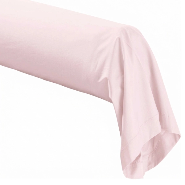 Taie de traversin 45x185 cm 100% percale de coton rose poudré sur fond blanc