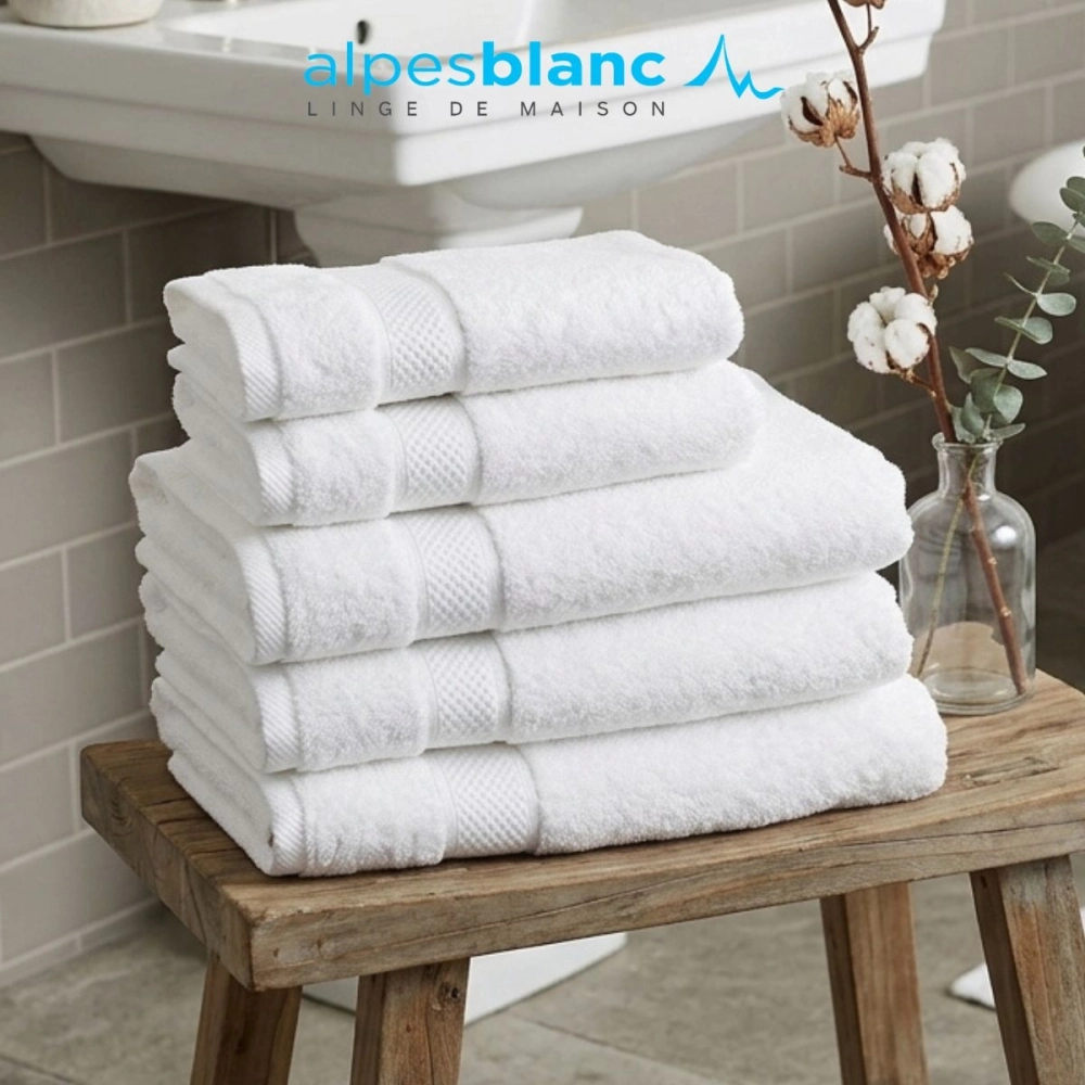 Lot de 5 serviettes de bain 100% coton 600g/m² - Absorption, douceur & moelleux, 3 tailles, fabriquées au Portugal