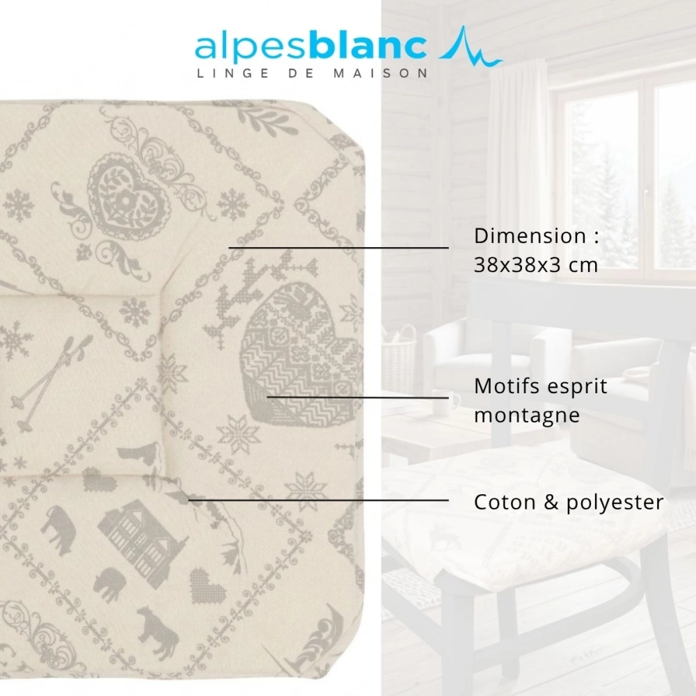 Lot de 6 galettes de chaise Beige 38x38 cm motifs montagne gris pâle – Dessus de chaise ambiance chalet