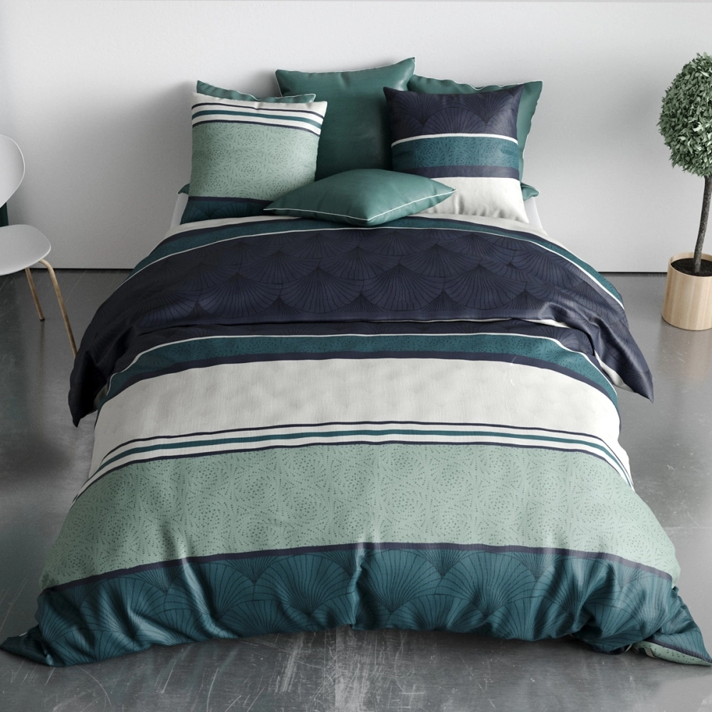 Housse de couette ANTIKA 220x240 cm coton 57 fils Oeko-Tex + 2 taies - Parure Art Déco 2 personnes bleue et vert sauge