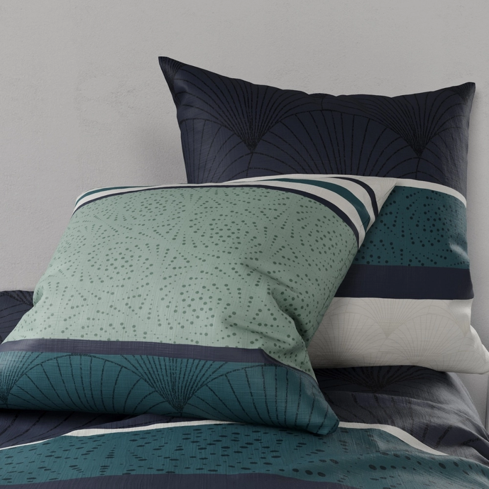 Housse de couette ANTIKA 220x240 cm coton 57 fils Oeko-Tex + 2 taies - Parure Art Déco 2 personnes bleue et vert sauge