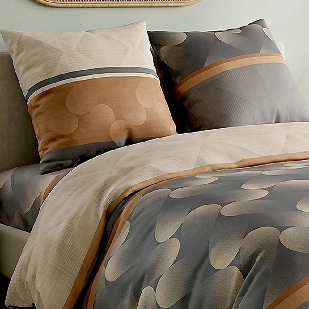 Parure de housse de couette JASPE 260x240 cm pure coton 57 fils - Parure motifs châtains et gris pour lit Queen size
