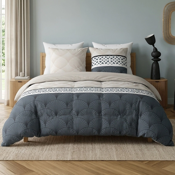 Housse de couette 240x260 cm + taies ARCADIA 100% coton. Motifs Art déco éventails et rosaces bleus et beiges