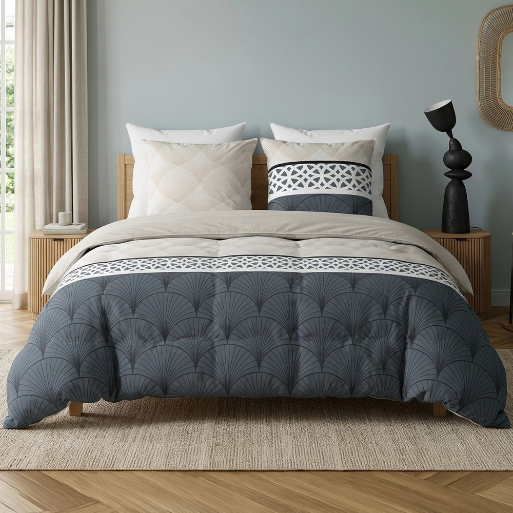 Parure de lit 240x260 cm - Housse de couette ARCADIA 100% coton 2 taies, motifs éventails et rosaces bleus et beiges