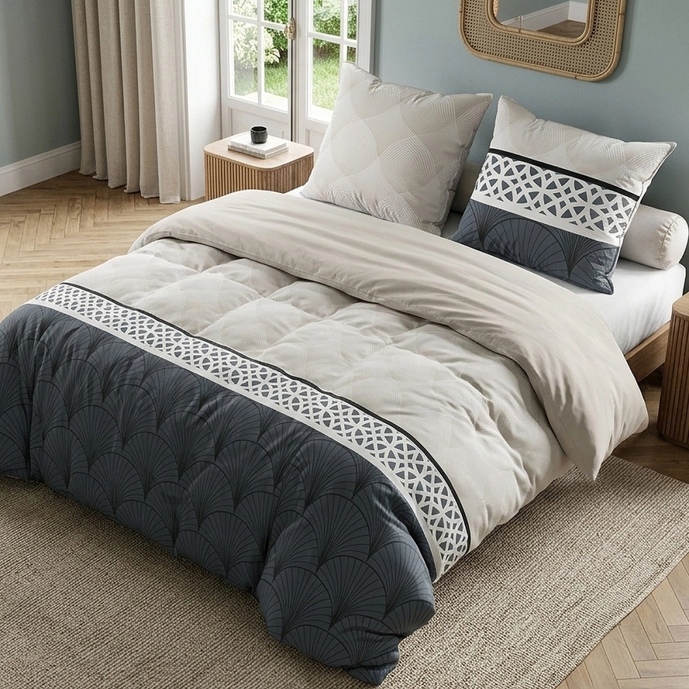 Parure de lit 240x260 cm - Housse de couette ARCADIA 100% coton 2 taies, motifs éventails et rosaces bleus et beiges