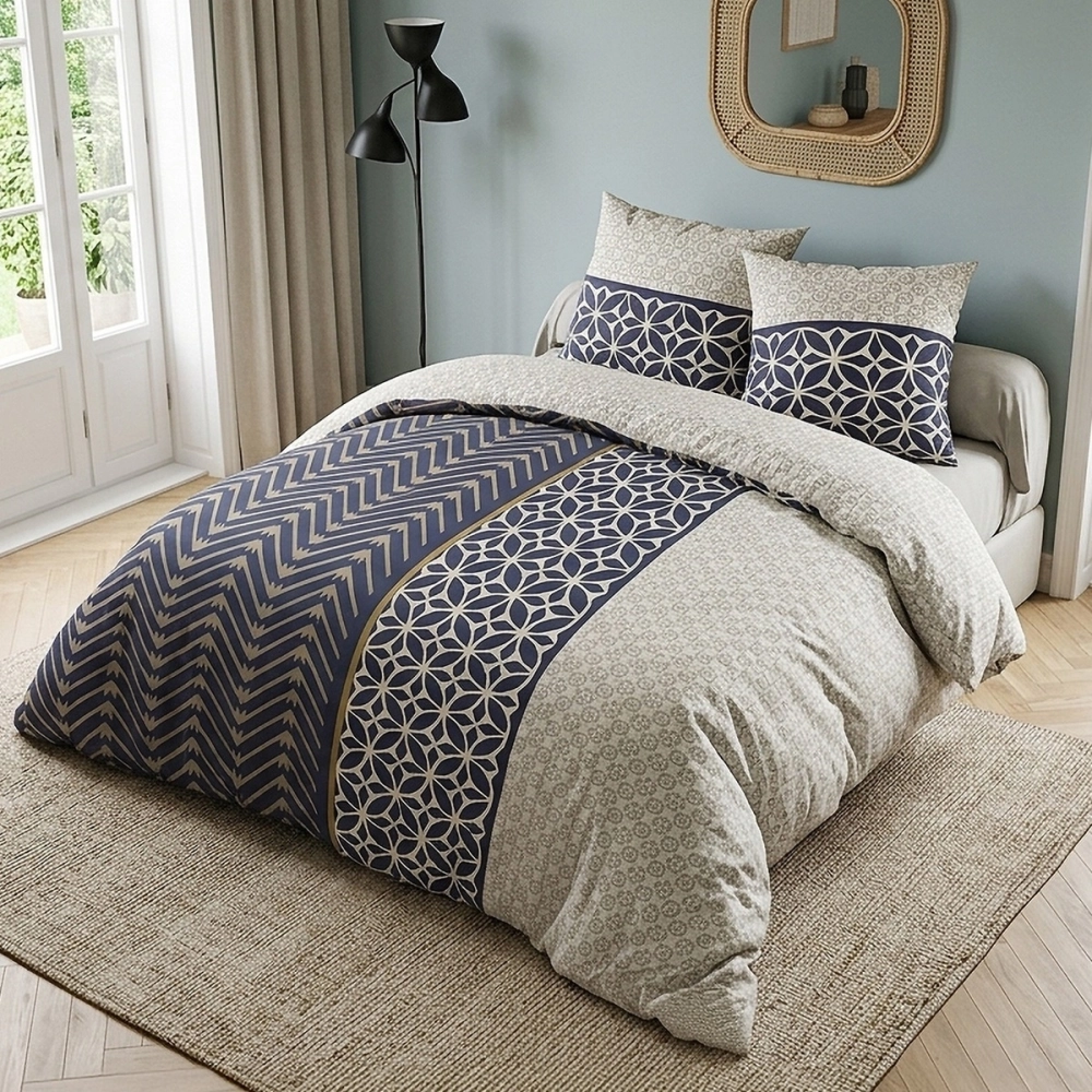 Housse de couette Melvin 260x240 cm avec 2 taies coton 57 fils - Parure graphique bleu nuit et beige pour grand lit double