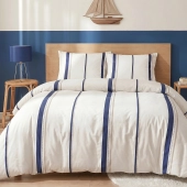 Housse de couette 240x260 cm LORD + taies 100% coton 57 fils - Parure beige avec fines rayures verticales bleues